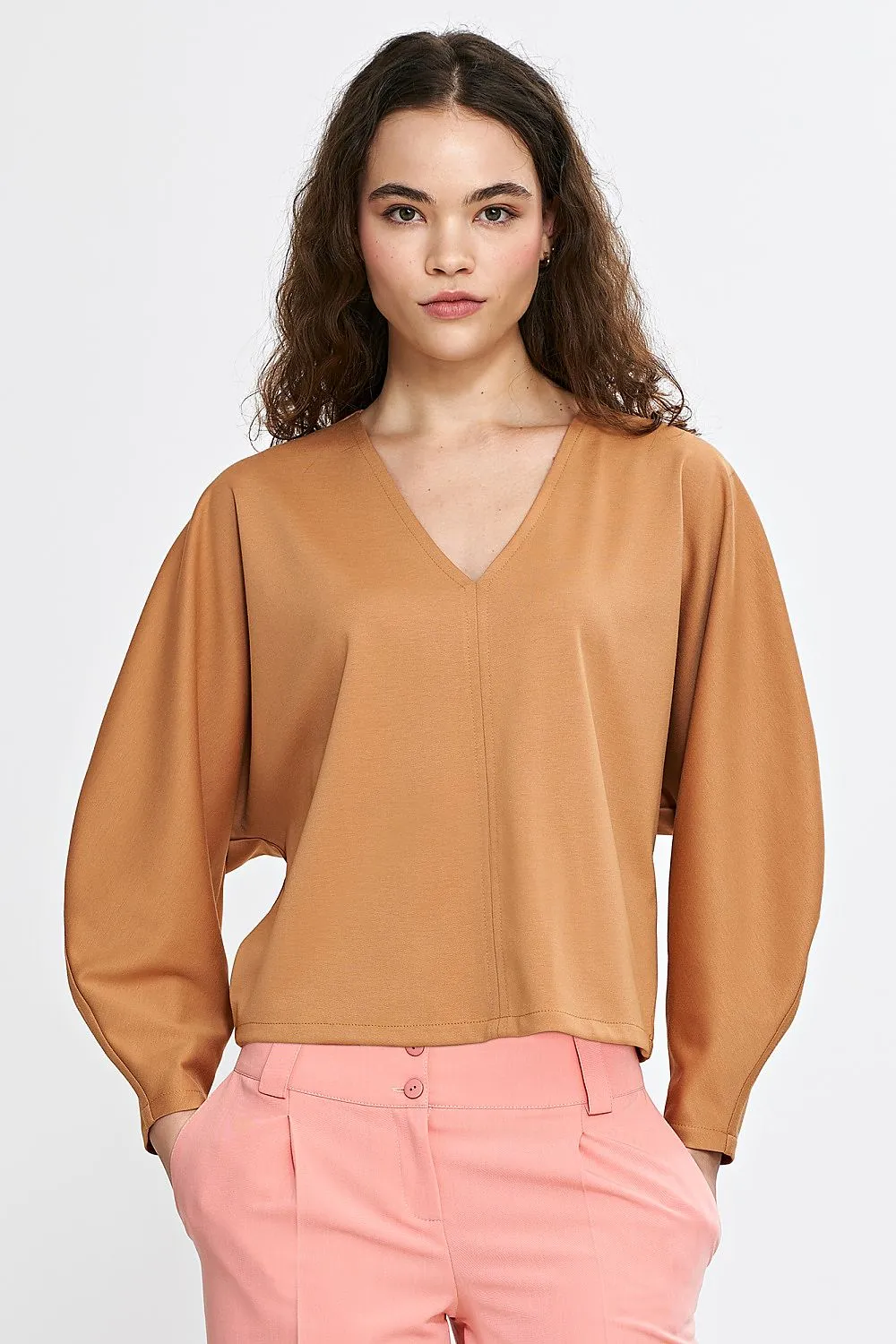 V-Neck Balloon Batwing Blouse