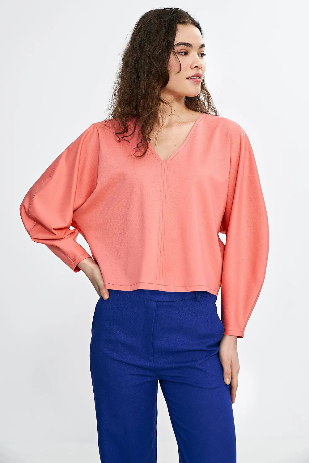 V-Neck Balloon Batwing Blouse