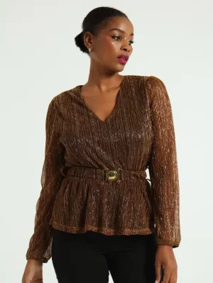 V-Neck Belted Shimmer Blouse - Bronze