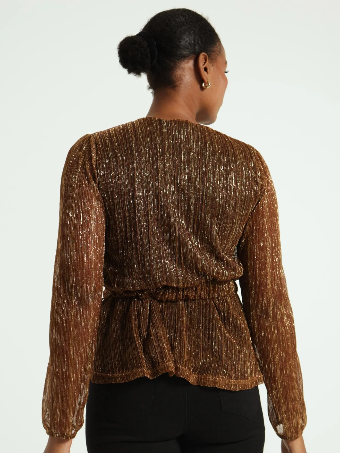 V-Neck Belted Shimmer Blouse - Bronze