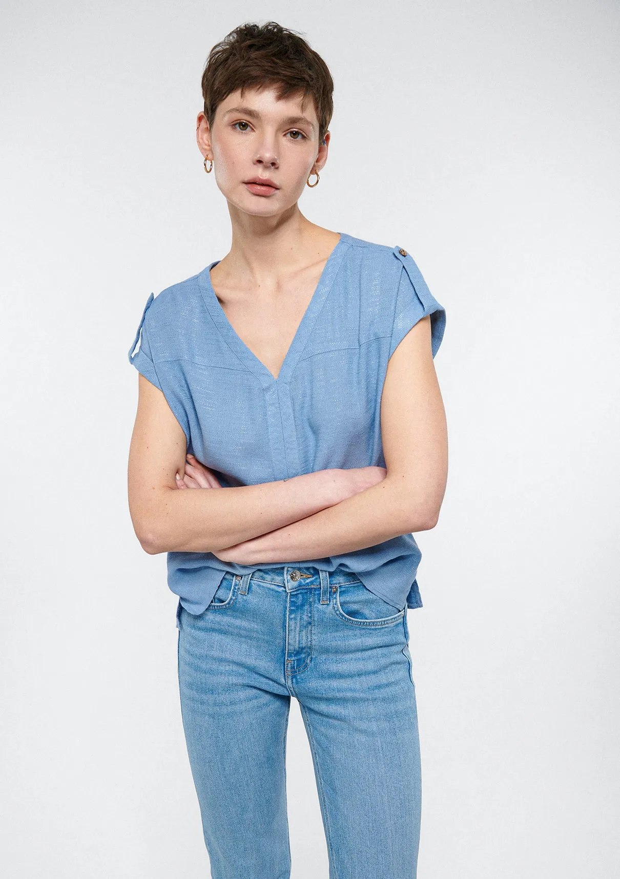 V Neck Blue Blouse