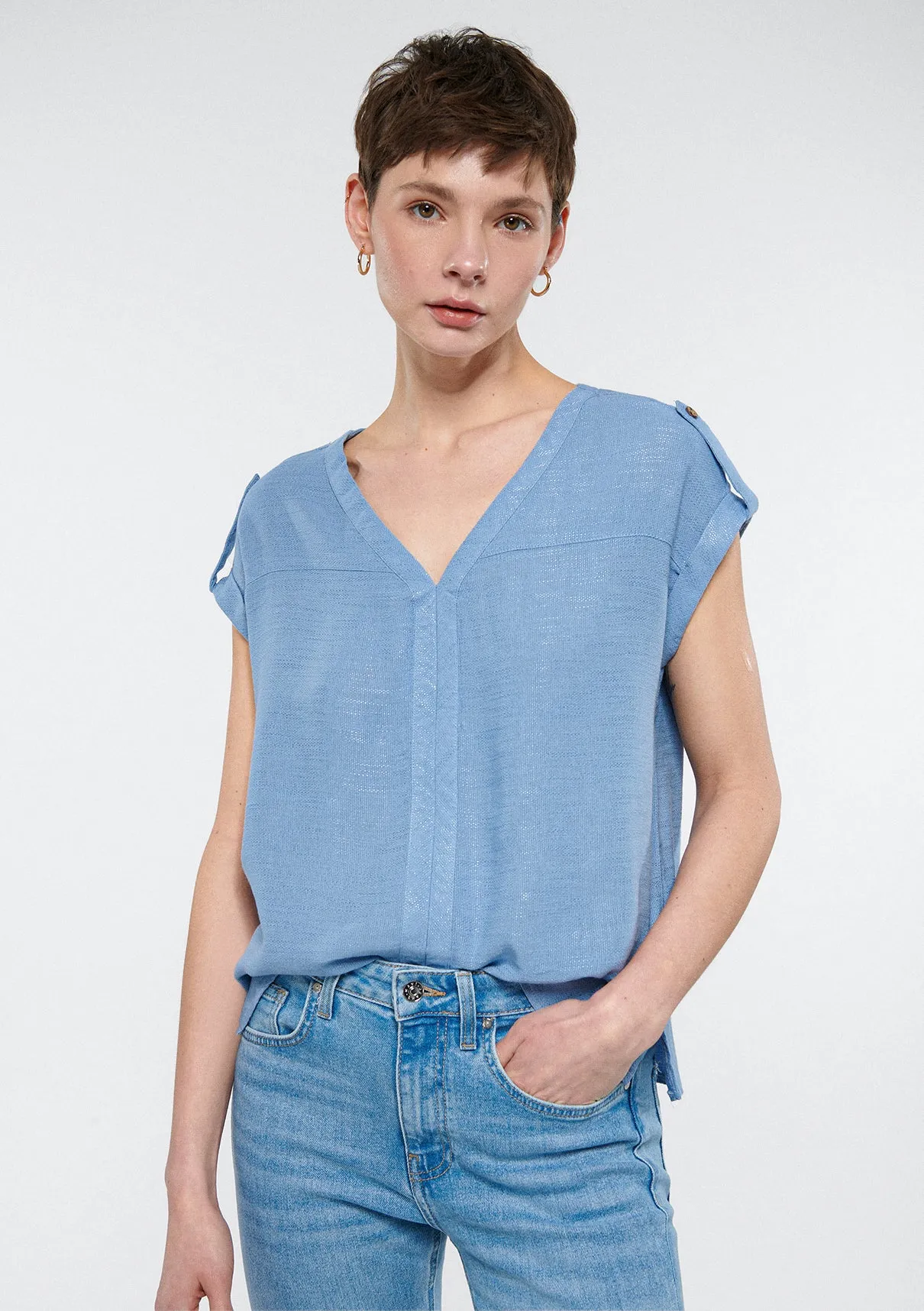 V Neck Blue Blouse