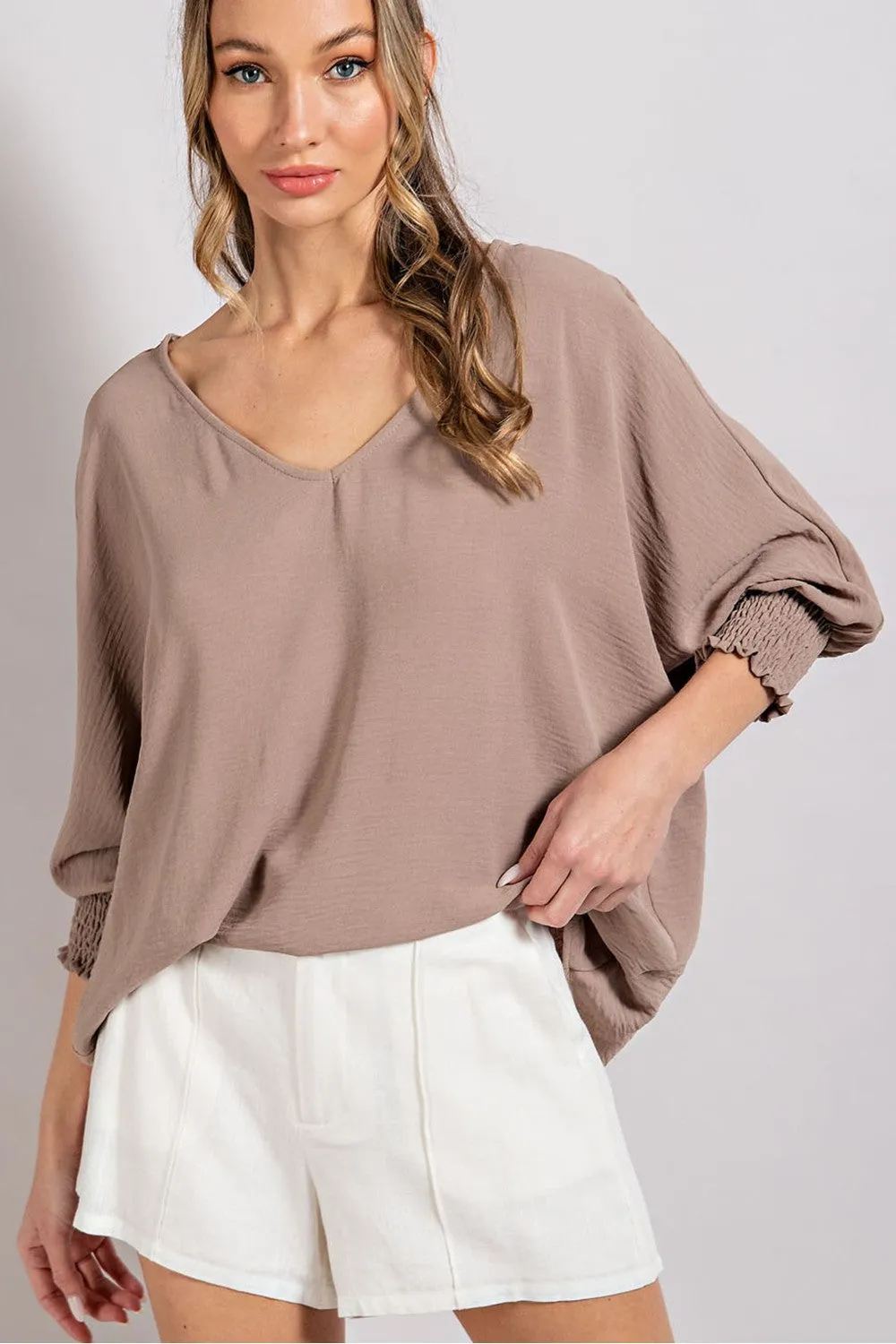 V Neck Long Sleeve Blouse Top - Cocoa - Final Sale