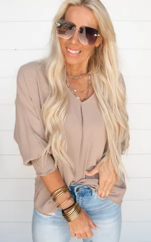 V Neck Long Sleeve Blouse Top - Cocoa - Final Sale