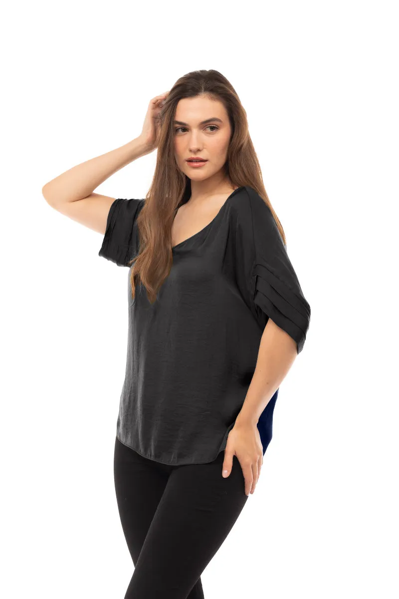 V-Neck Satin Top With Self Bands Sleeve Detail