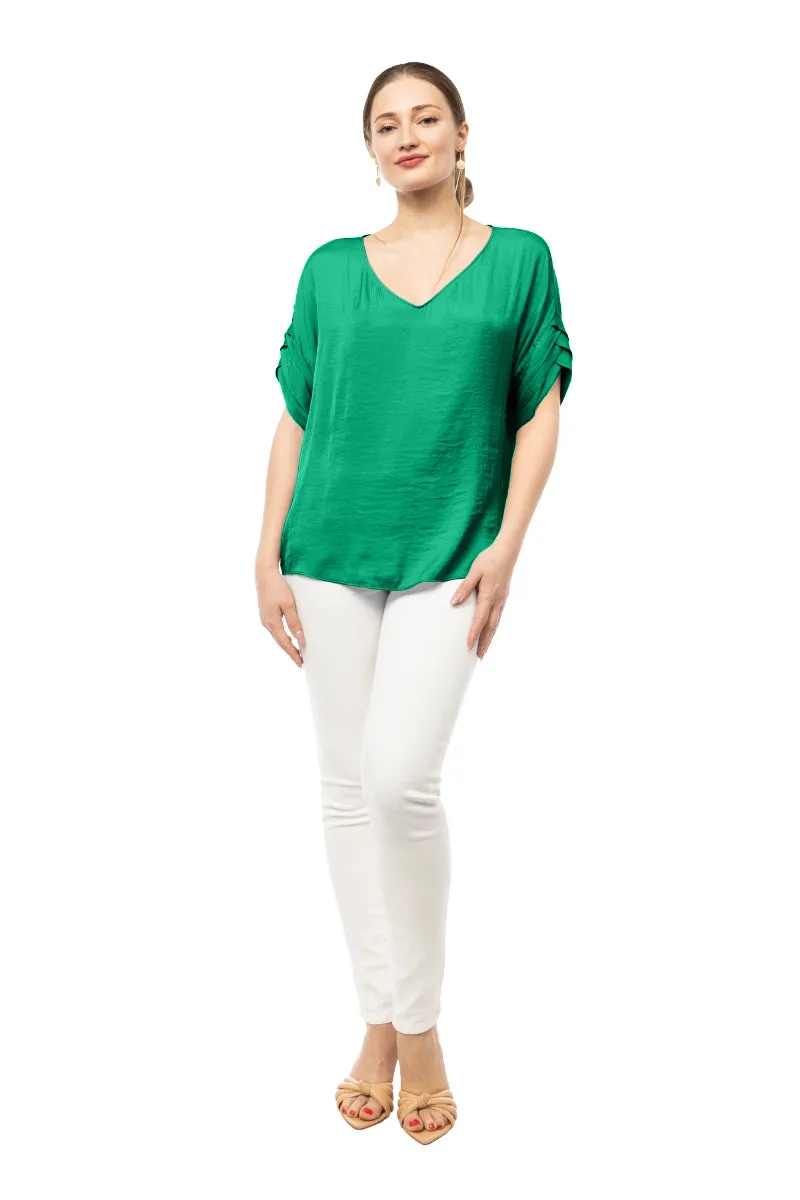 V-Neck Satin Top With Self Bands Sleeve Detail