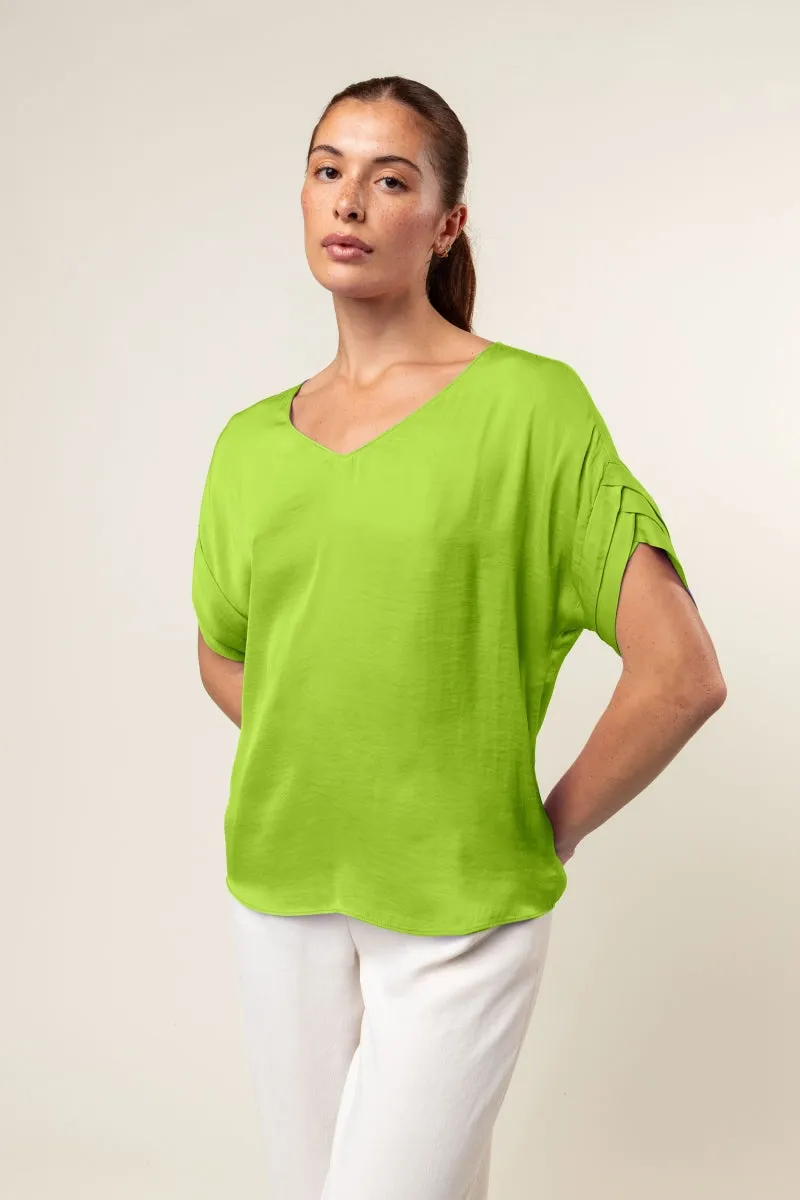 V-Neck Satin Top With Self Bands Sleeve Detail