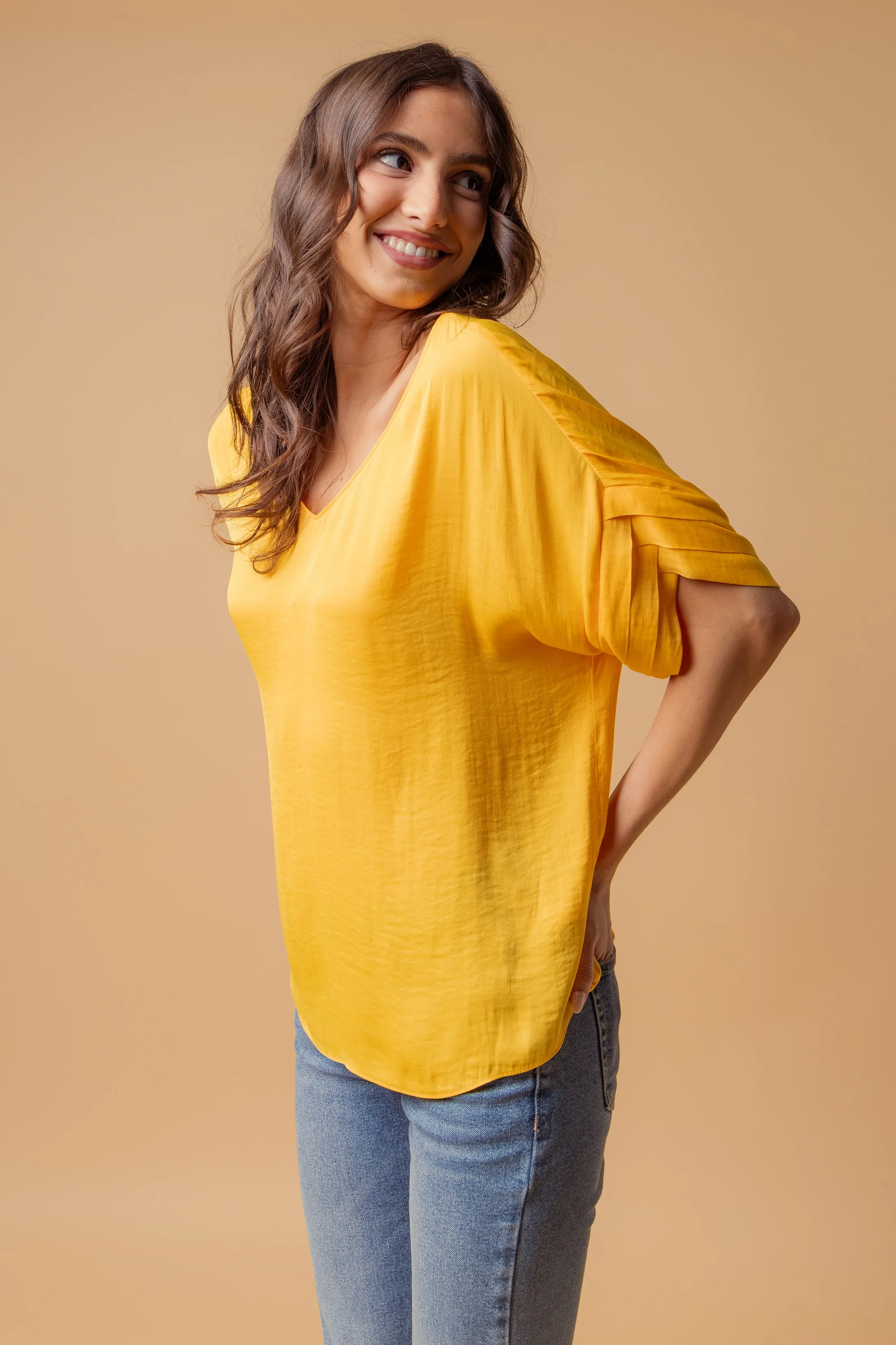 V-Neck Satin Top With Self Bands Sleeve Detail