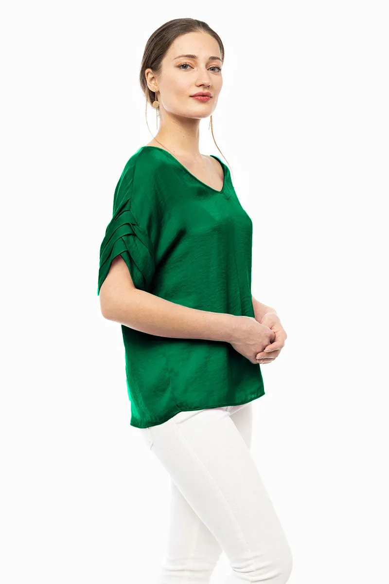 V-Neck Satin Top With Self Bands Sleeve Detail