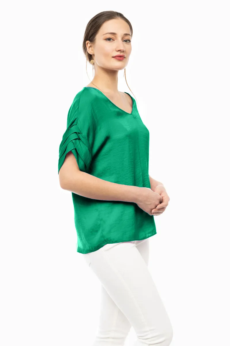 V-Neck Satin Top With Self Bands Sleeve Detail