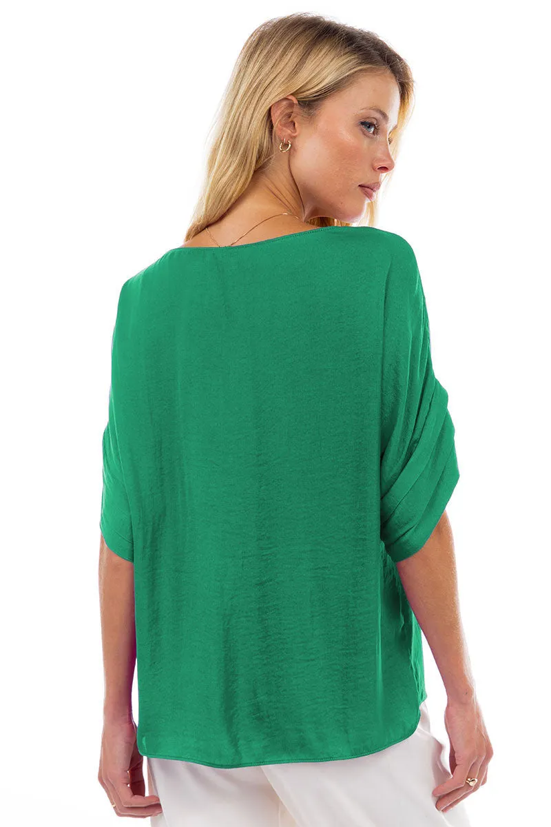 V-Neck Satin Top With Self Bands Sleeve Detail