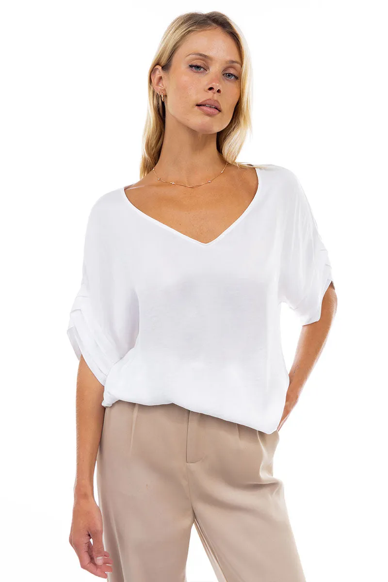 V-Neck Satin Top With Self Bands Sleeve Detail
