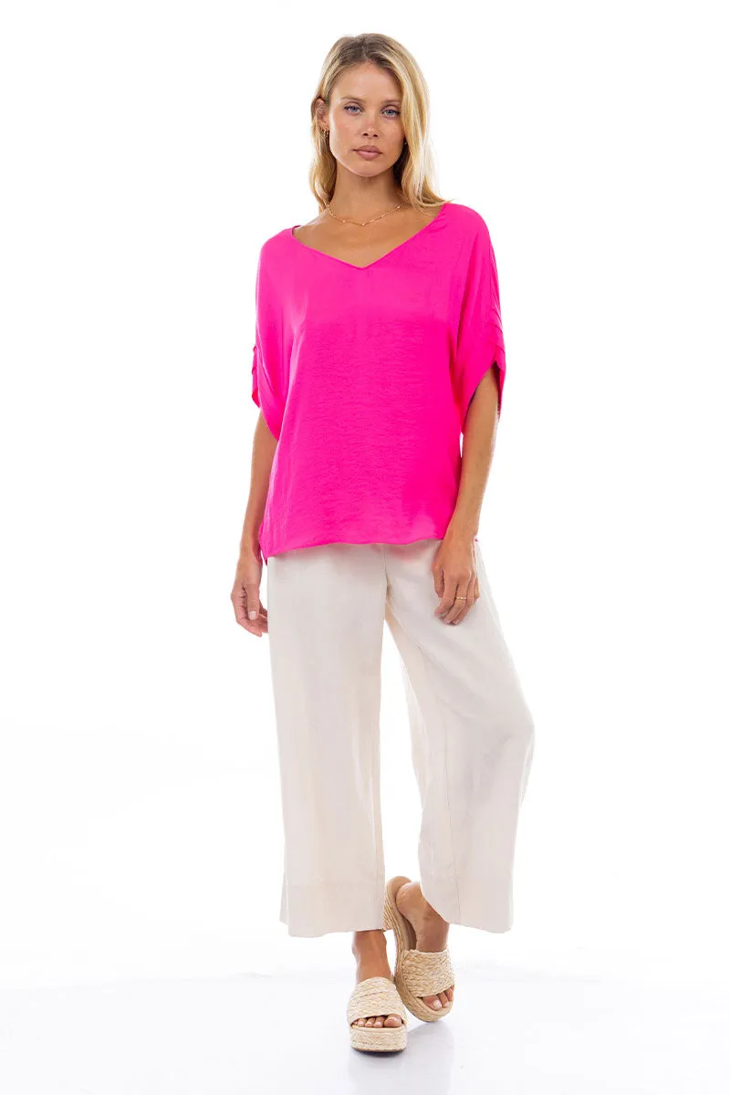 V-Neck Satin Top With Self Bands Sleeve Detail