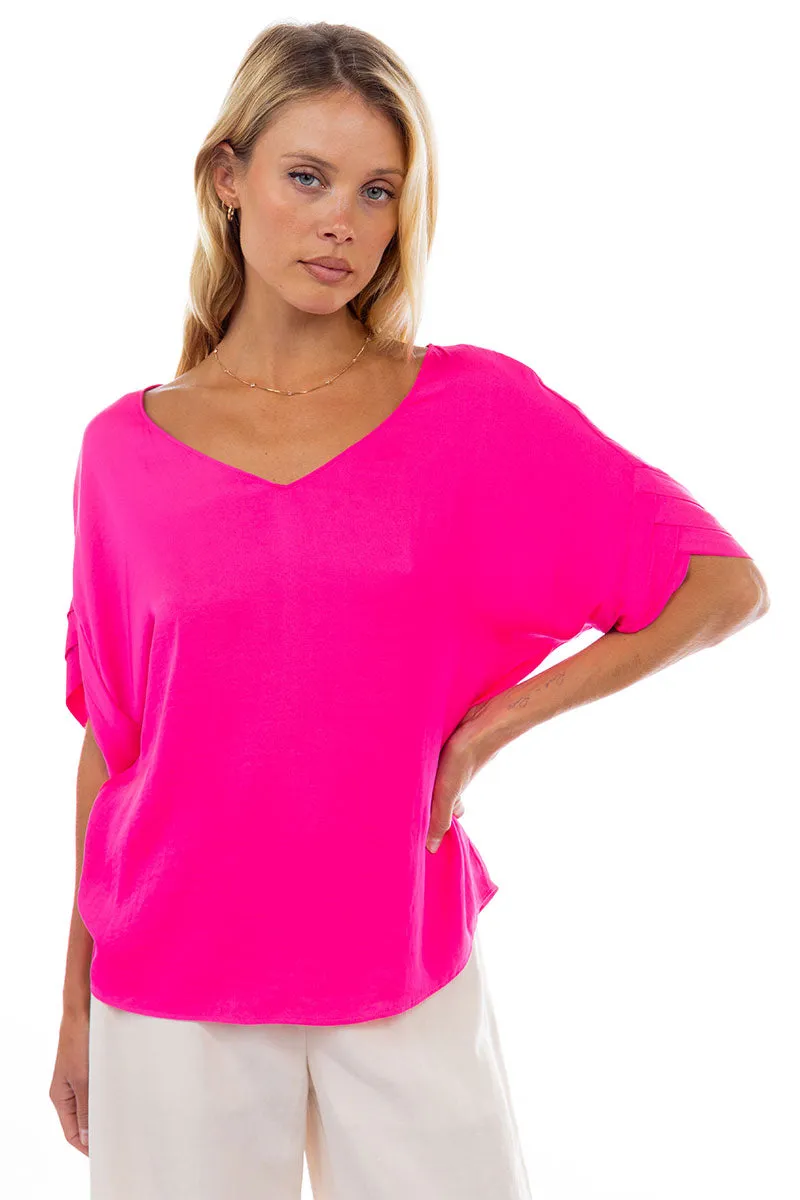 V-Neck Satin Top With Self Bands Sleeve Detail