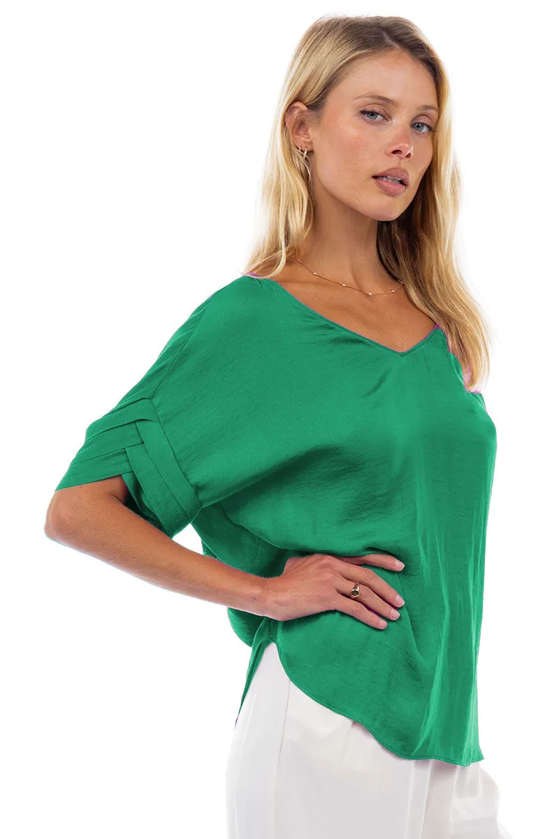 V-Neck Satin Top With Self Bands Sleeve Detail
