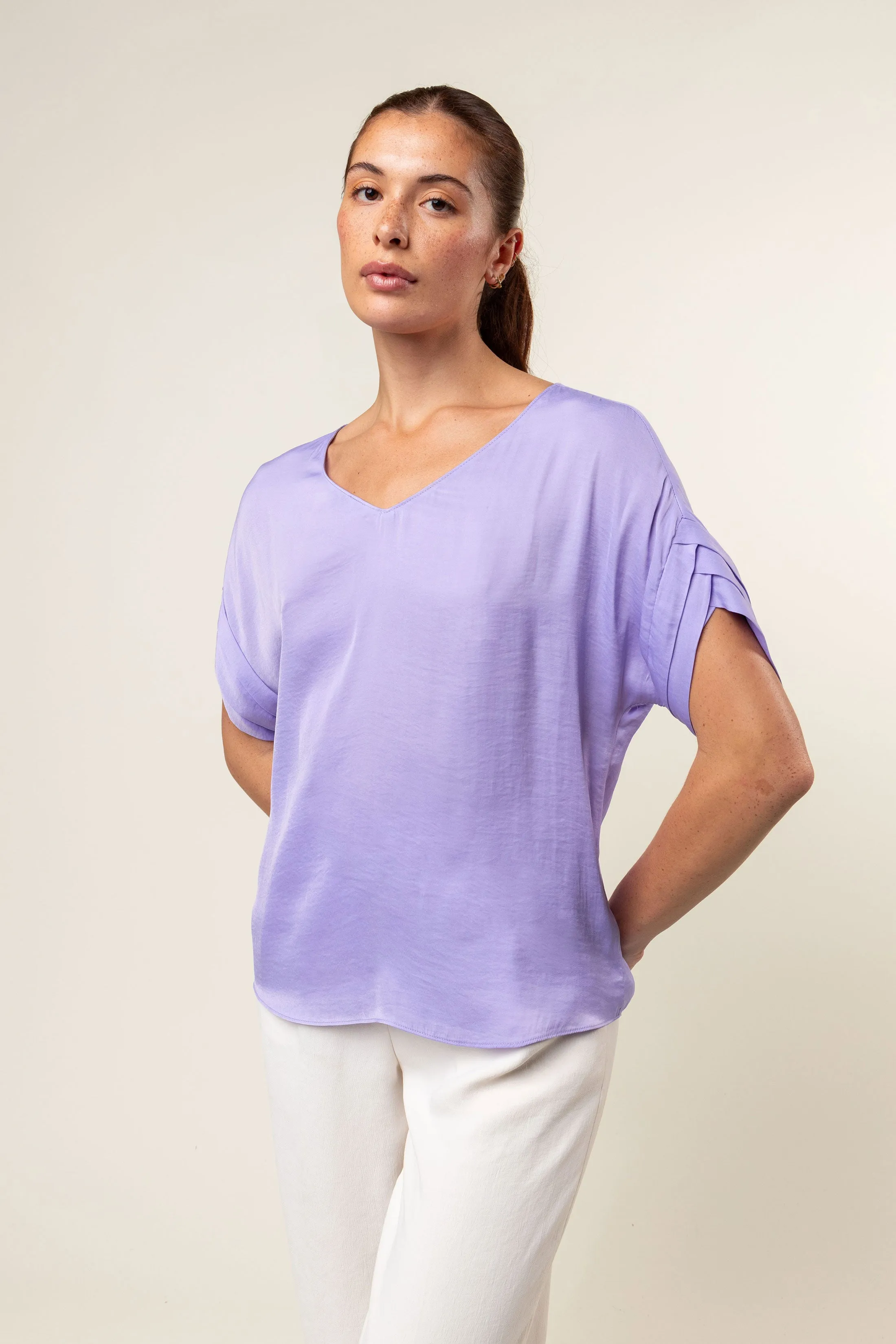 V-Neck Satin Top With Self Bands Sleeve Detail