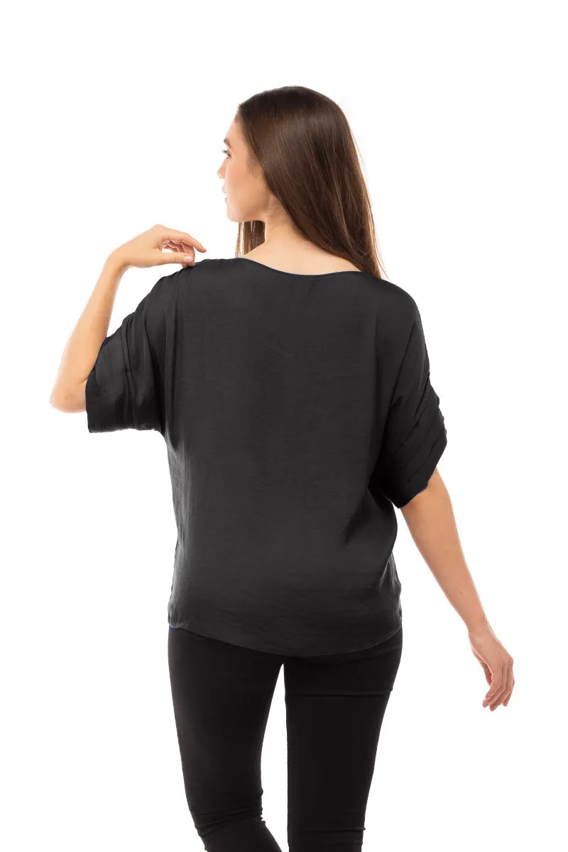V-Neck Satin Top With Self Bands Sleeve Detail