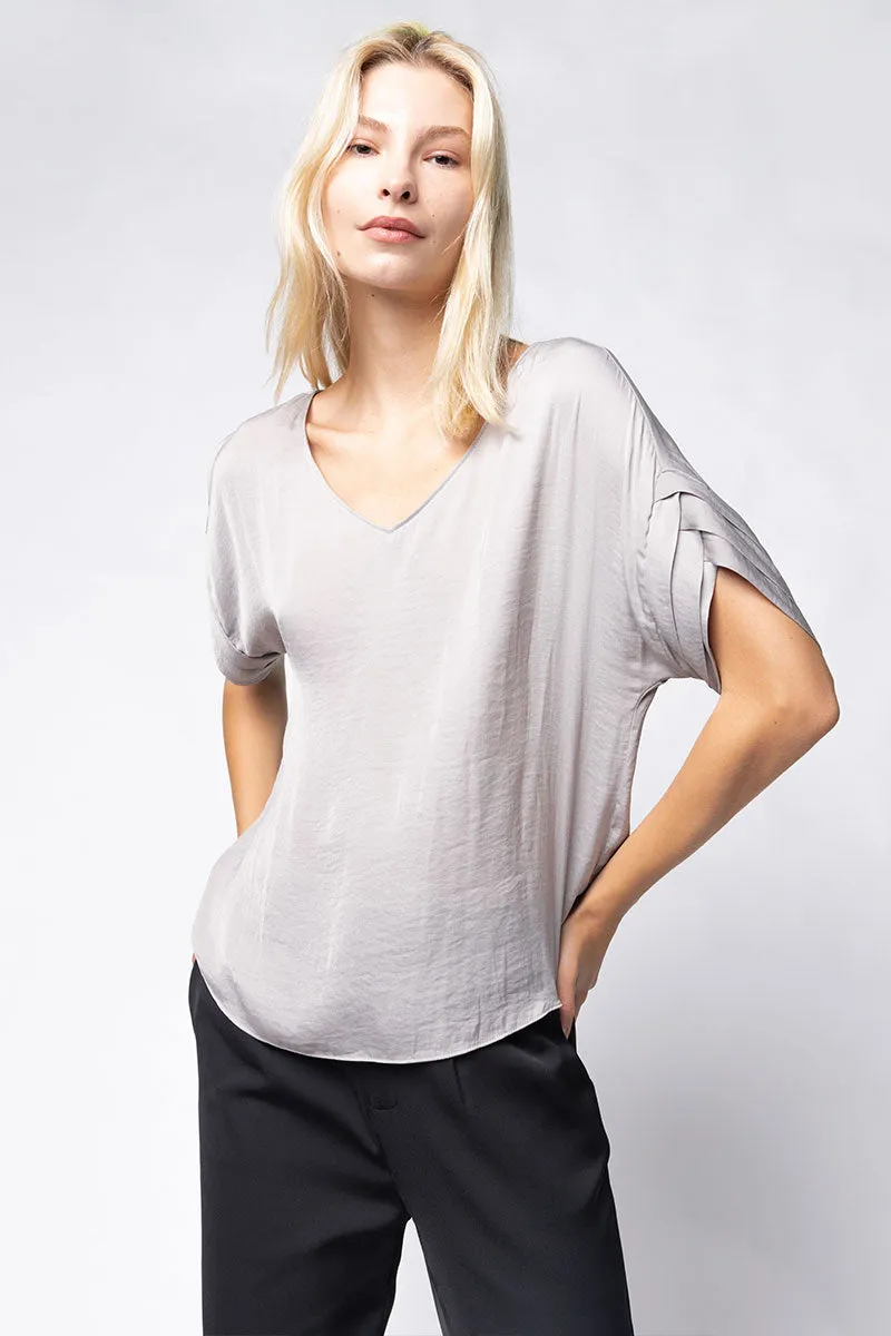 V-Neck Satin Top With Self Bands Sleeve Detail