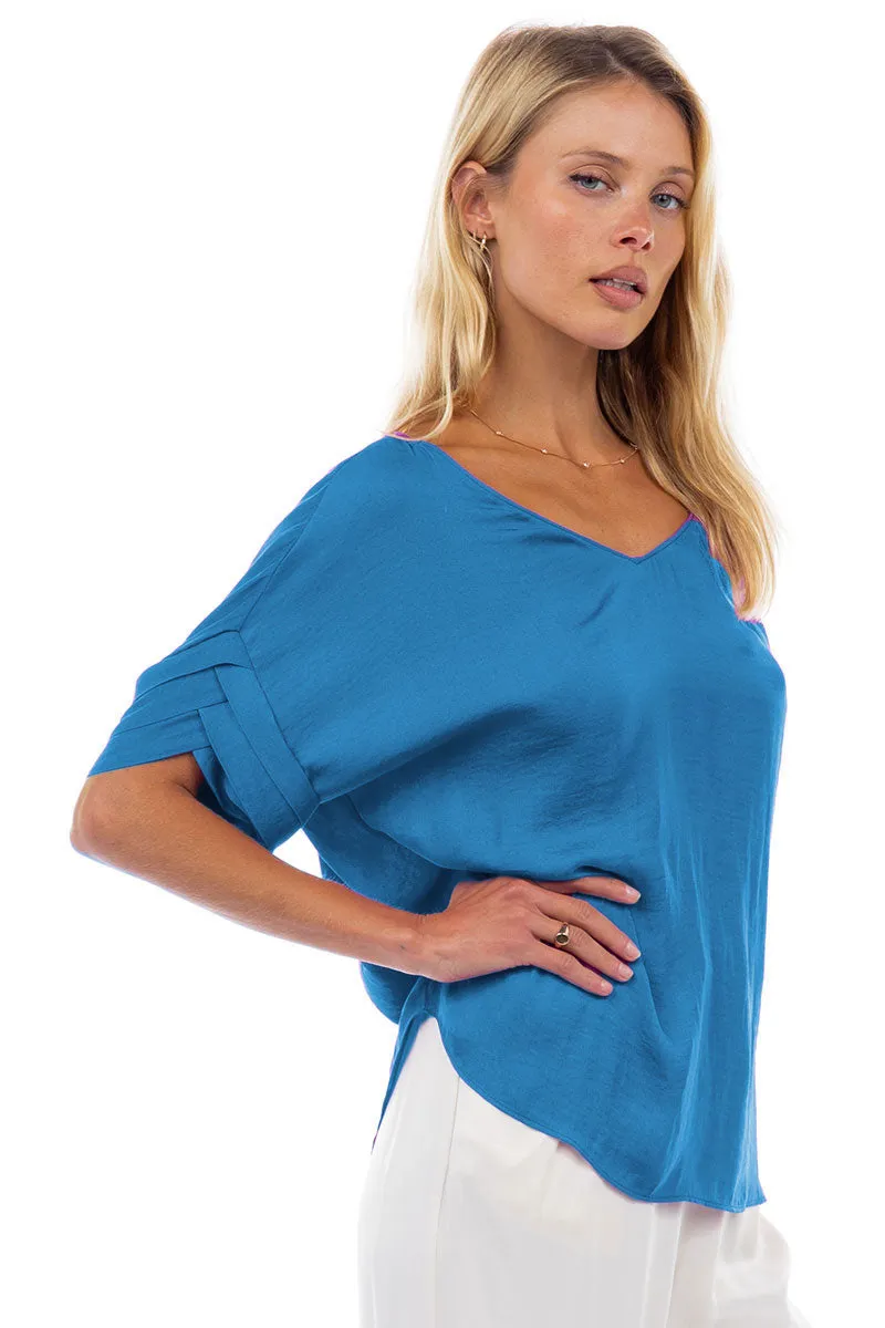 V-Neck Satin Top With Self Bands Sleeve Detail