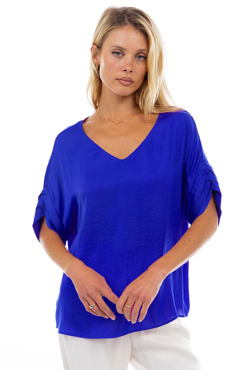 V-Neck Satin Top With Self Bands Sleeve Detail