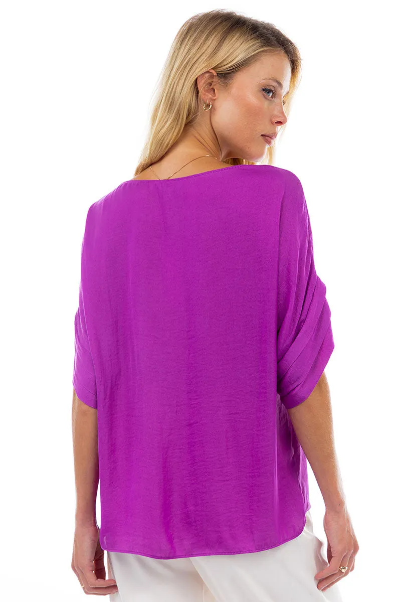 V-Neck Satin Top With Self Bands Sleeve Detail