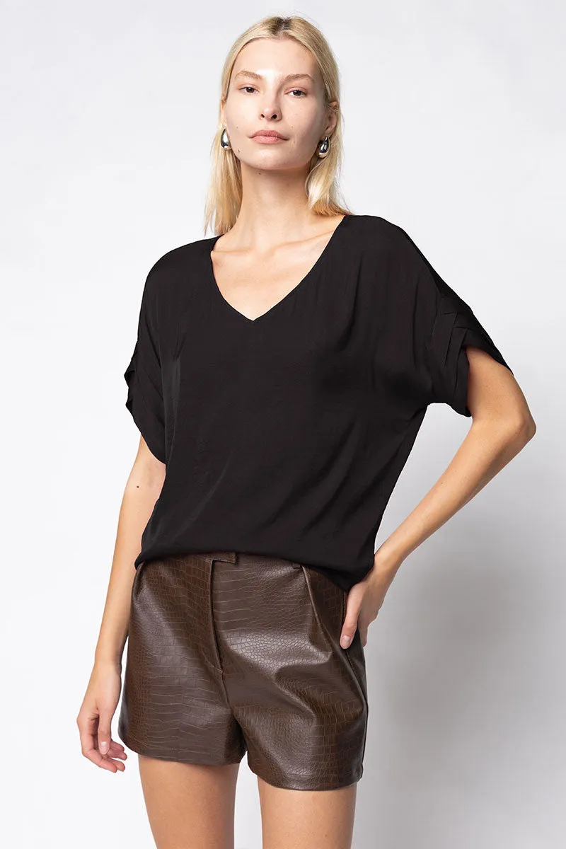 V-Neck Satin Top With Self Bands Sleeve Detail