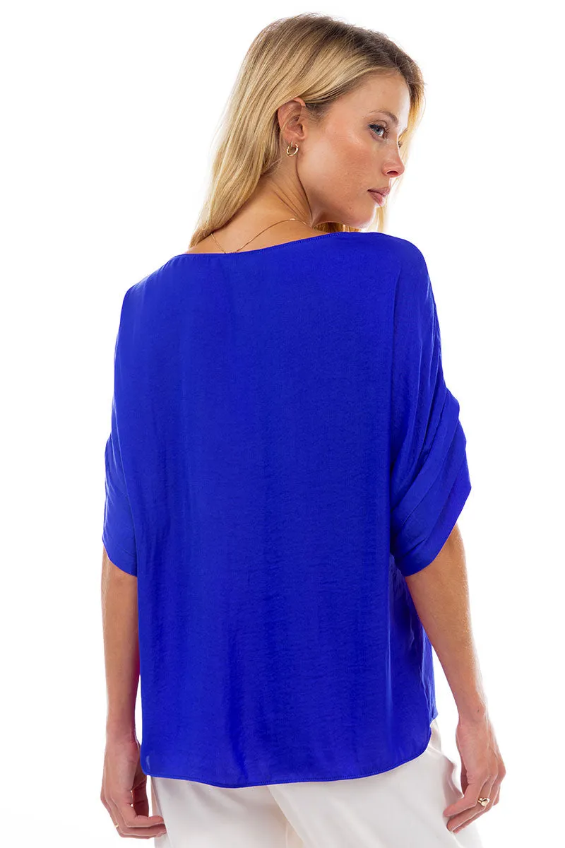 V-Neck Satin Top With Self Bands Sleeve Detail