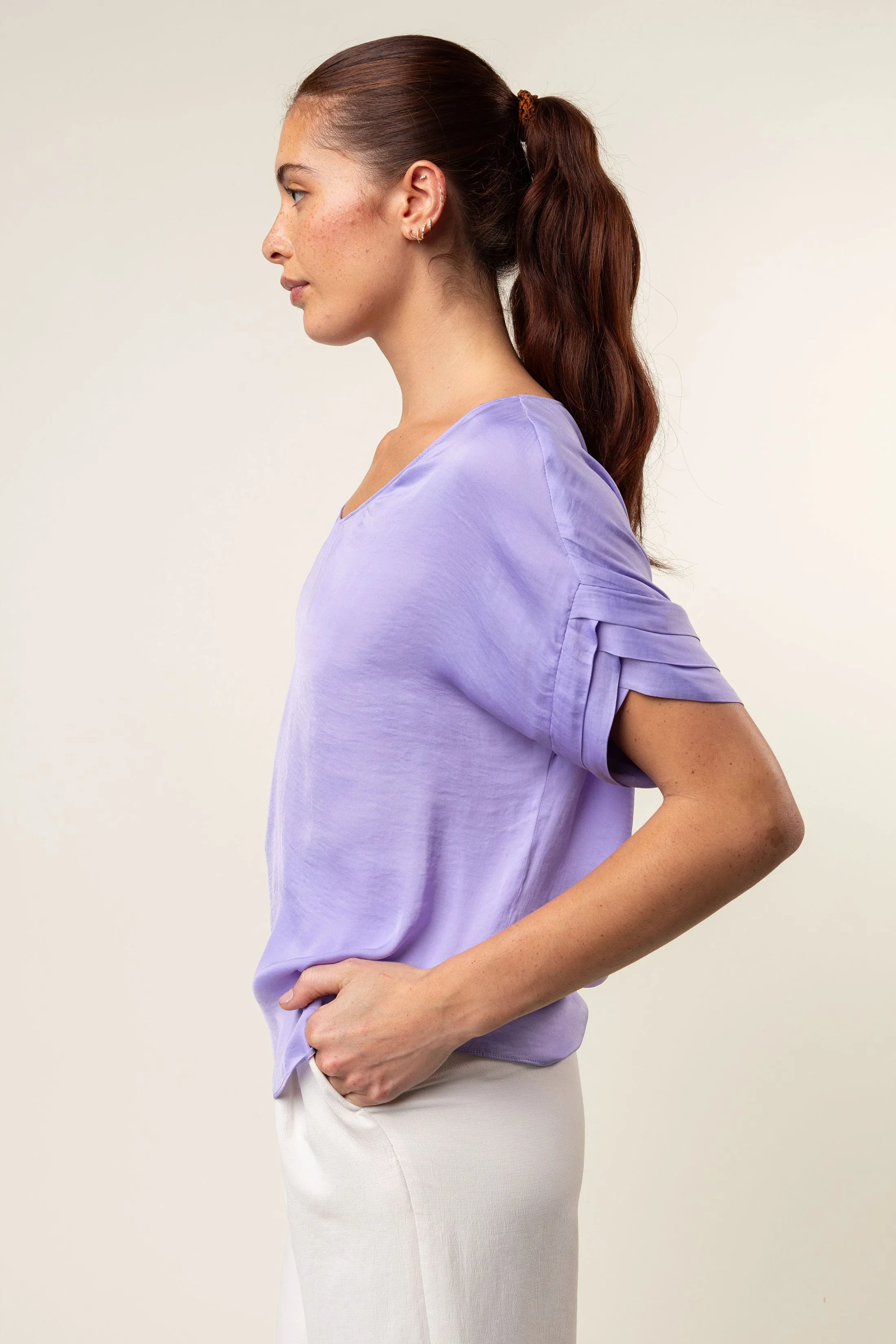 V-Neck Satin Top With Self Bands Sleeve Detail