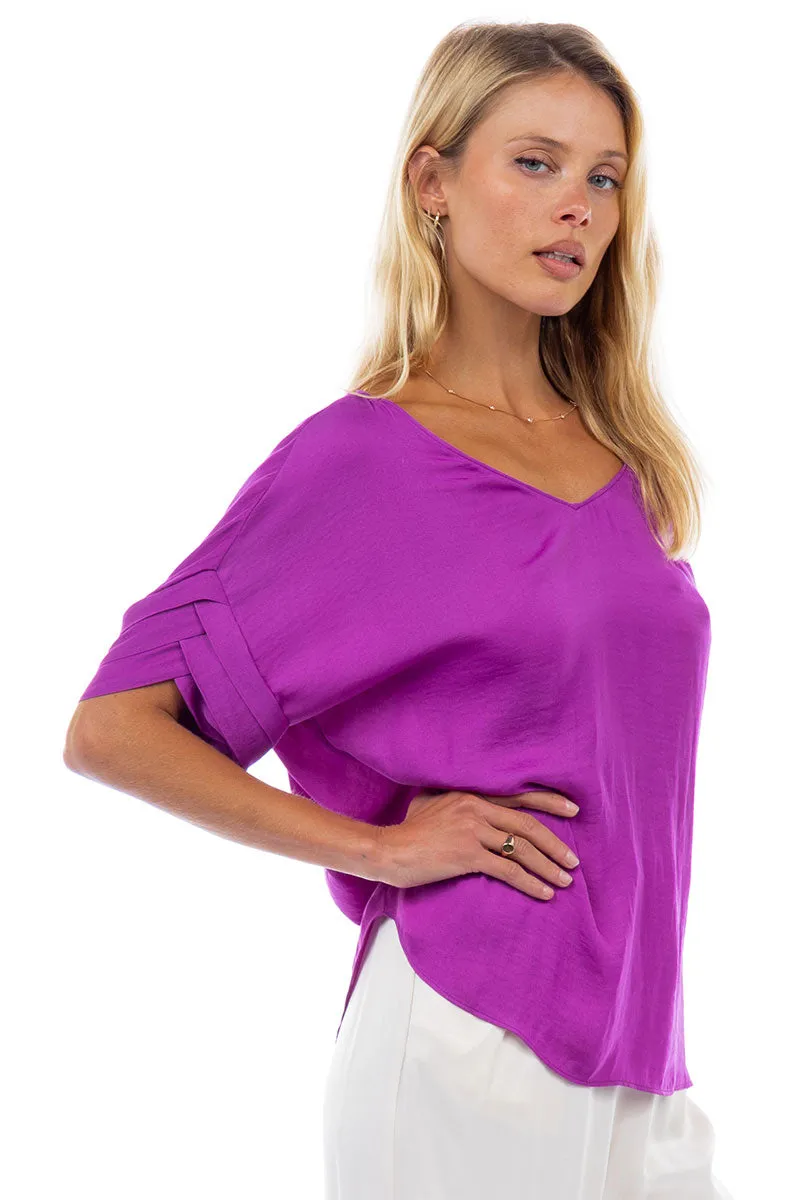 V-Neck Satin Top With Self Bands Sleeve Detail