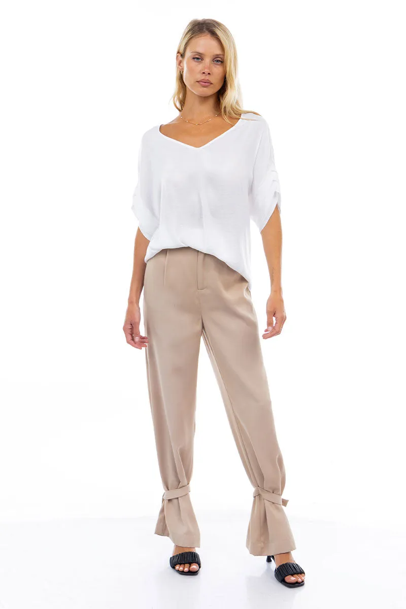 V-Neck Satin Top With Self Bands Sleeve Detail