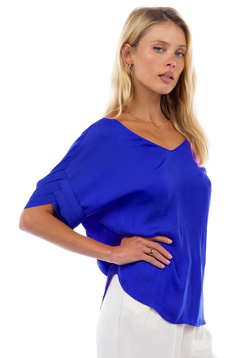 V-Neck Satin Top With Self Bands Sleeve Detail
