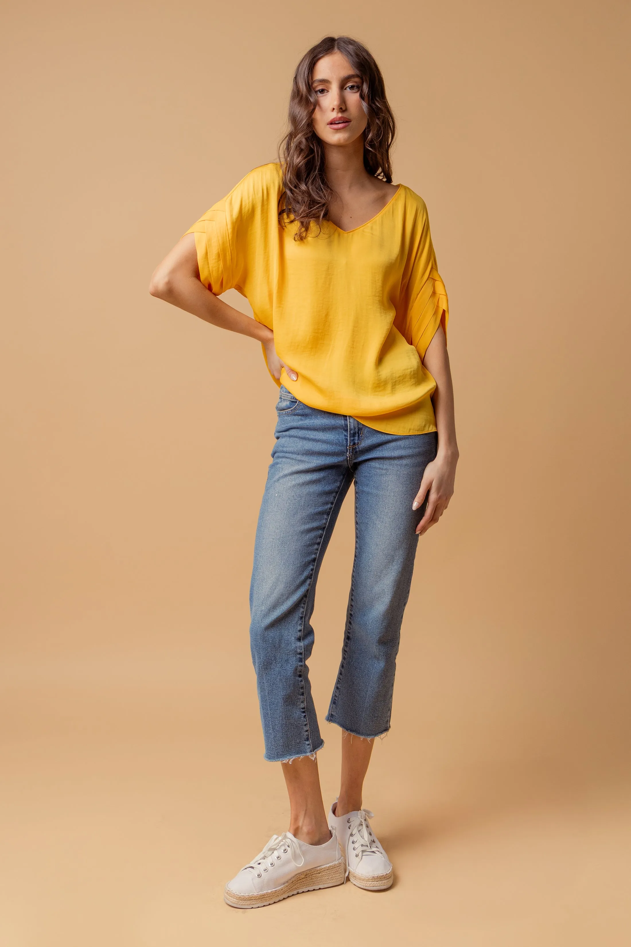 V-Neck Satin Top With Self Bands Sleeve Detail