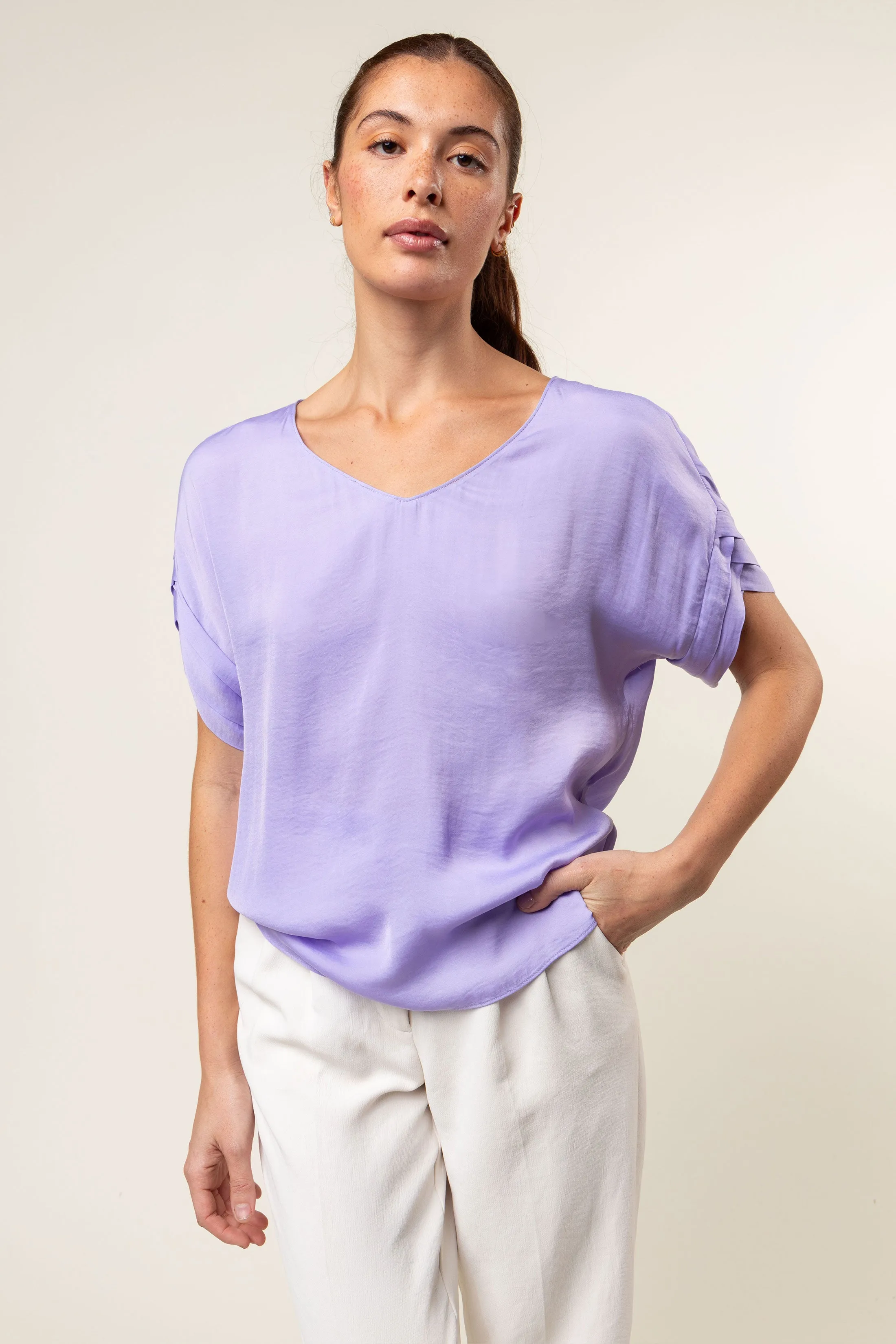 V-Neck Satin Top With Self Bands Sleeve Detail