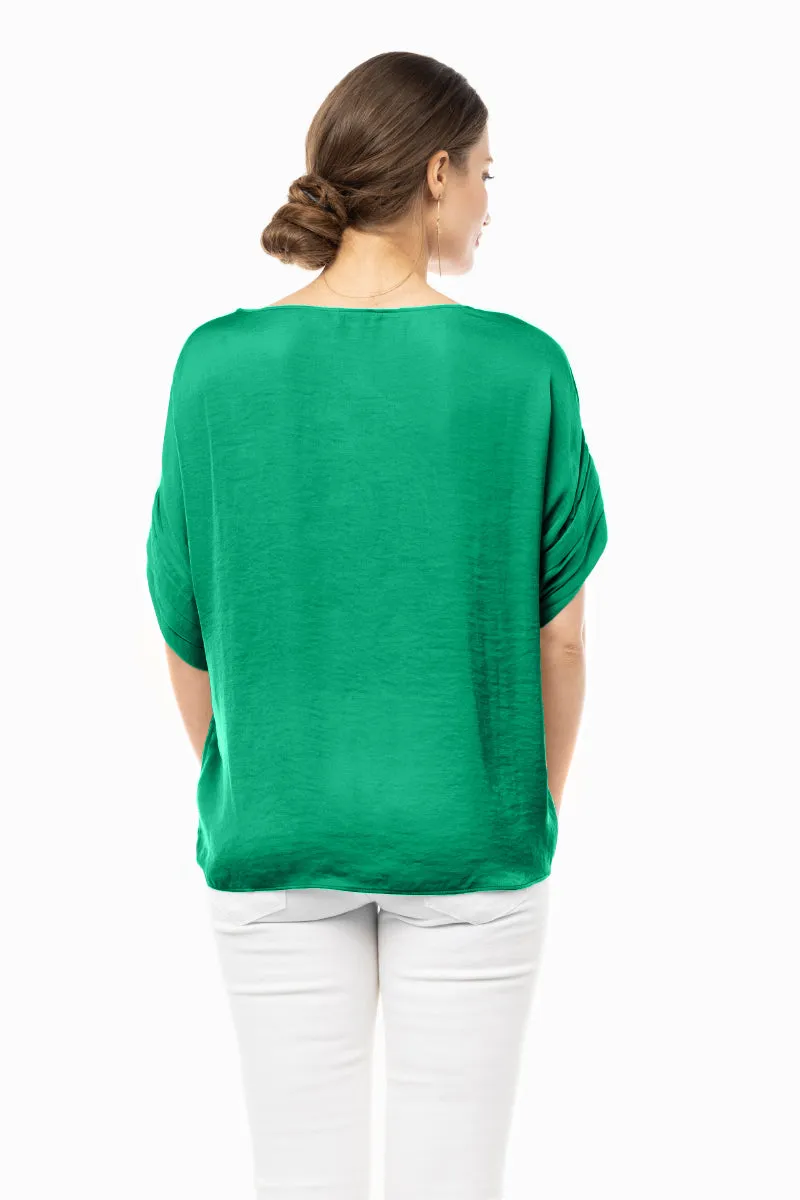 V-Neck Satin Top With Self Bands Sleeve Detail
