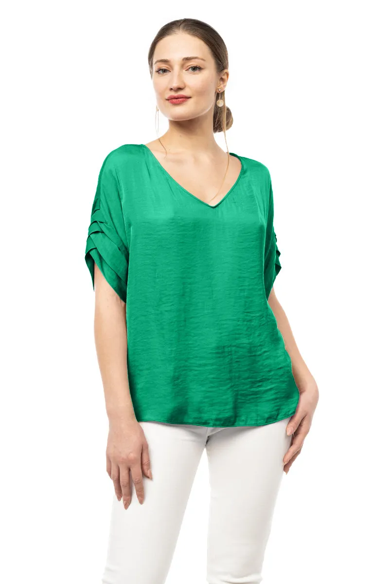 V-Neck Satin Top With Self Bands Sleeve Detail