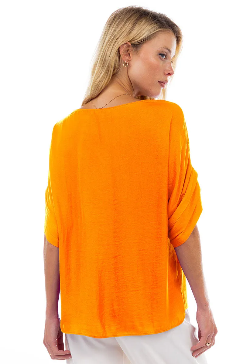 V-Neck Satin Top With Self Bands Sleeve Detail