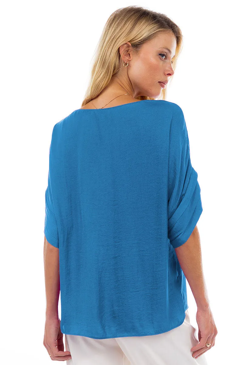 V-Neck Satin Top With Self Bands Sleeve Detail