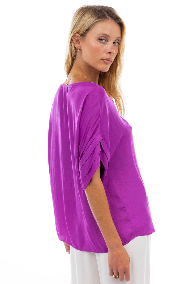 V-Neck Satin Top With Self Bands Sleeve Detail