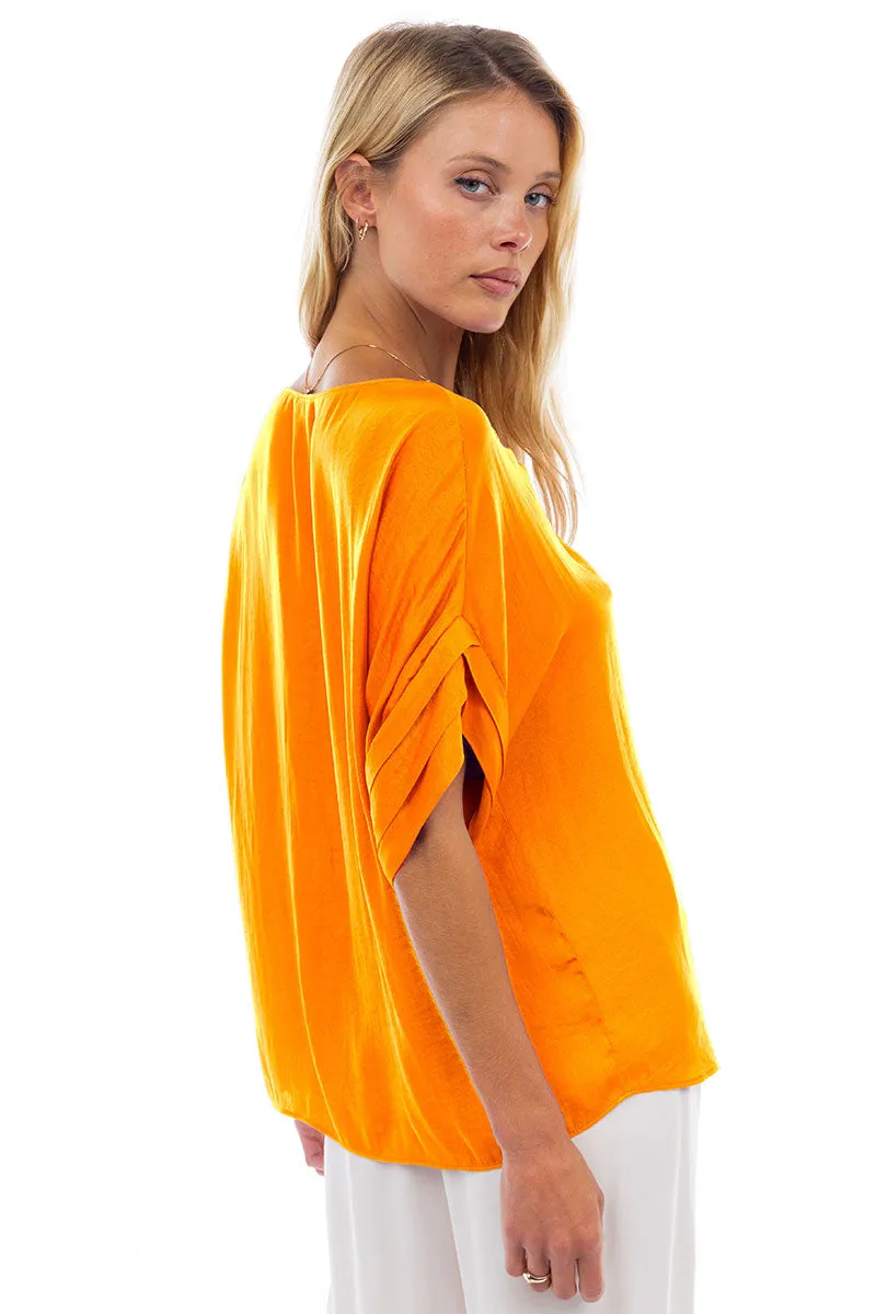 V-Neck Satin Top With Self Bands Sleeve Detail