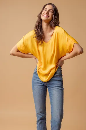V-Neck Satin Top With Self Bands Sleeve Detail