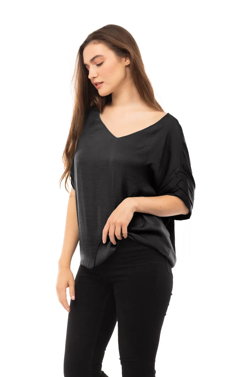 V-Neck Satin Top With Self Bands Sleeve Detail