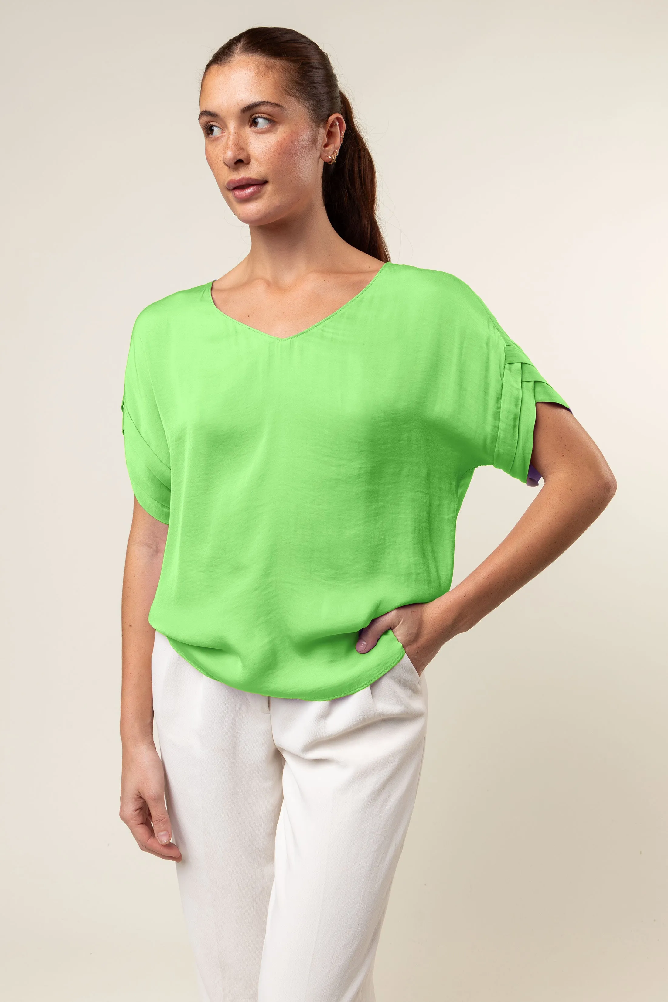 V-Neck Satin Top With Self Bands Sleeve Detail