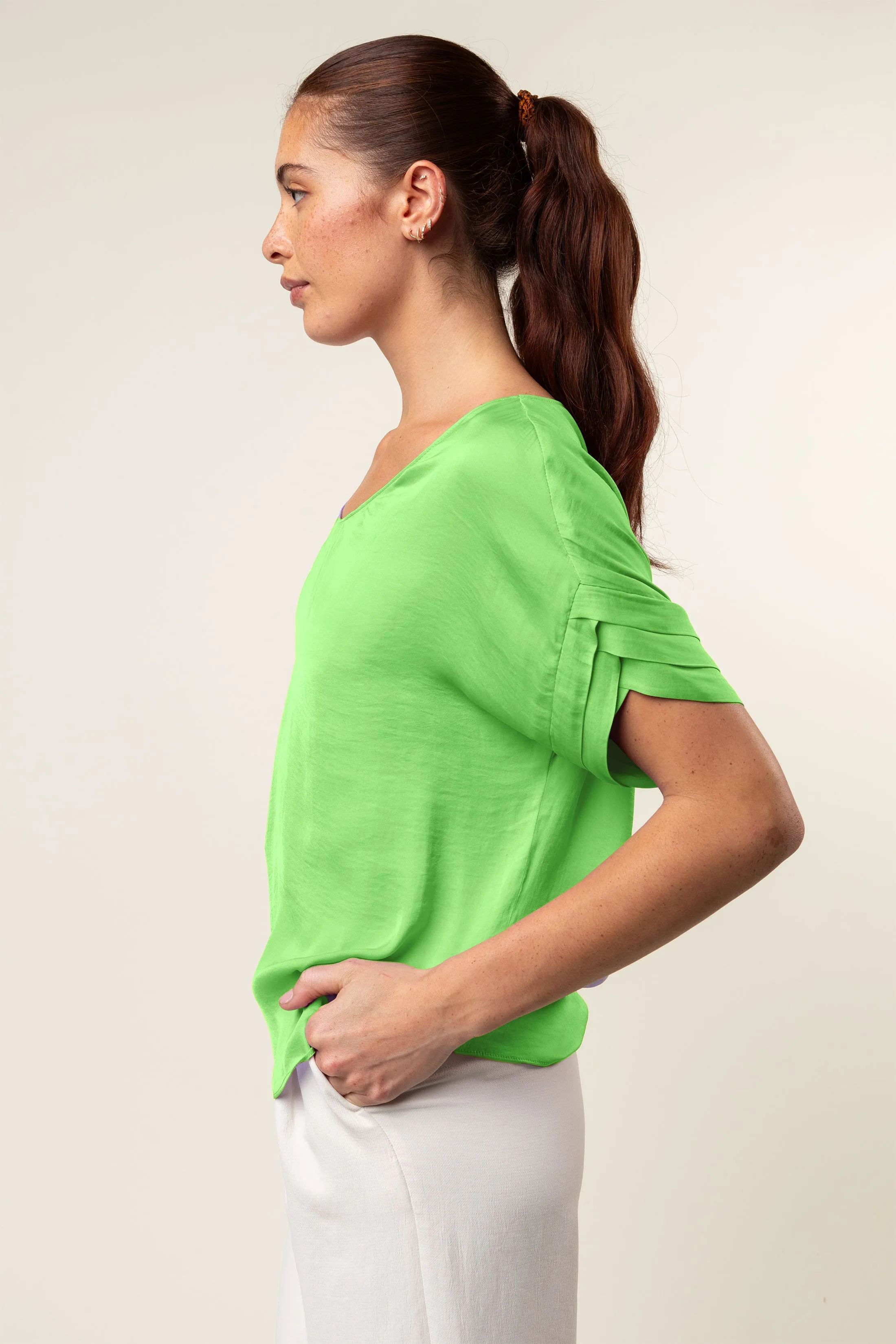 V-Neck Satin Top With Self Bands Sleeve Detail
