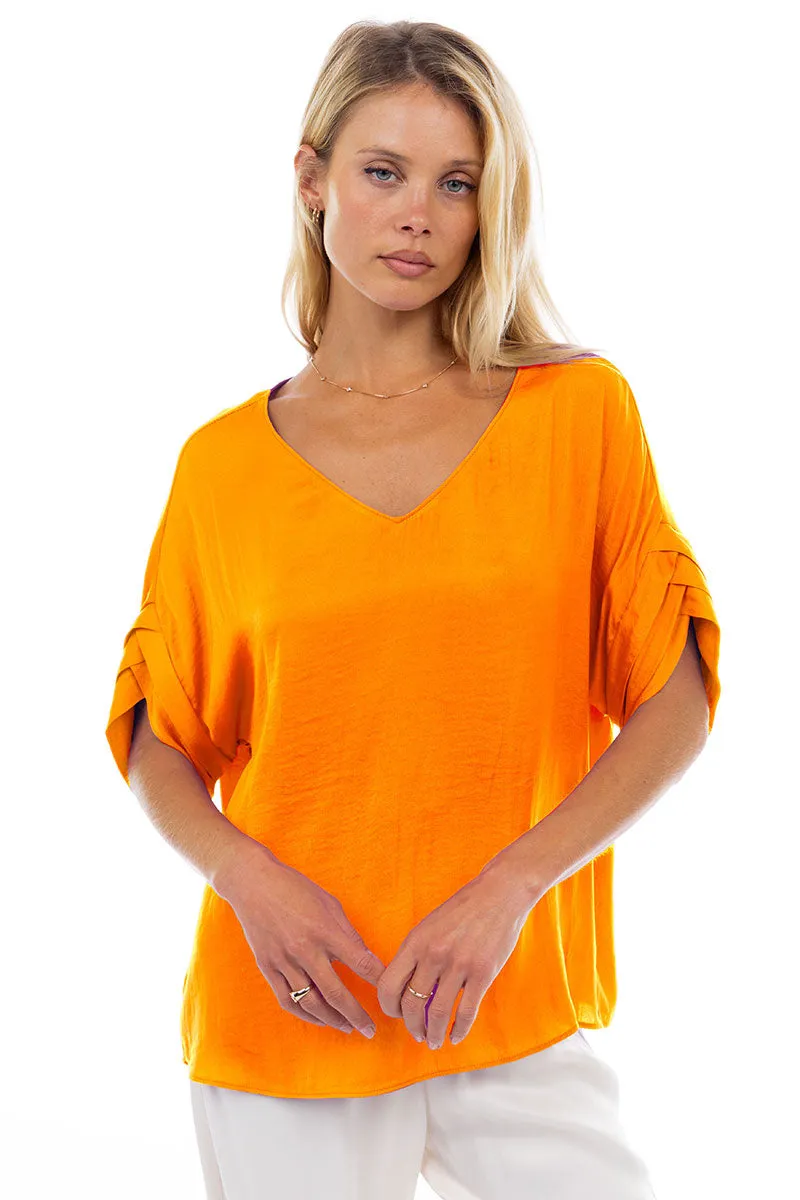 V-Neck Satin Top With Self Bands Sleeve Detail