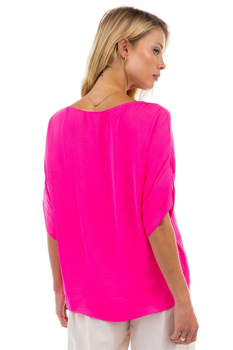 V-Neck Satin Top With Self Bands Sleeve Detail