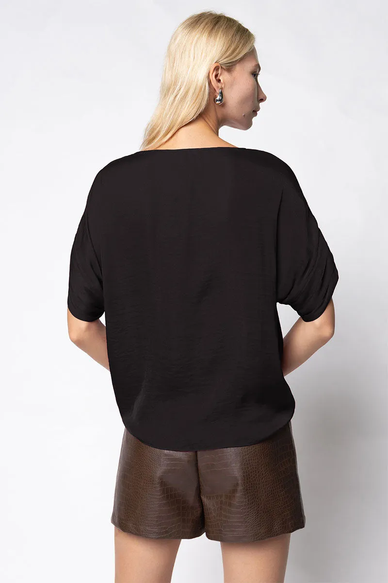 V-Neck Satin Top With Self Bands Sleeve Detail