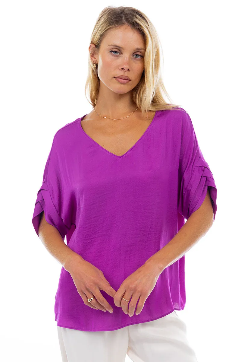 V-Neck Satin Top With Self Bands Sleeve Detail