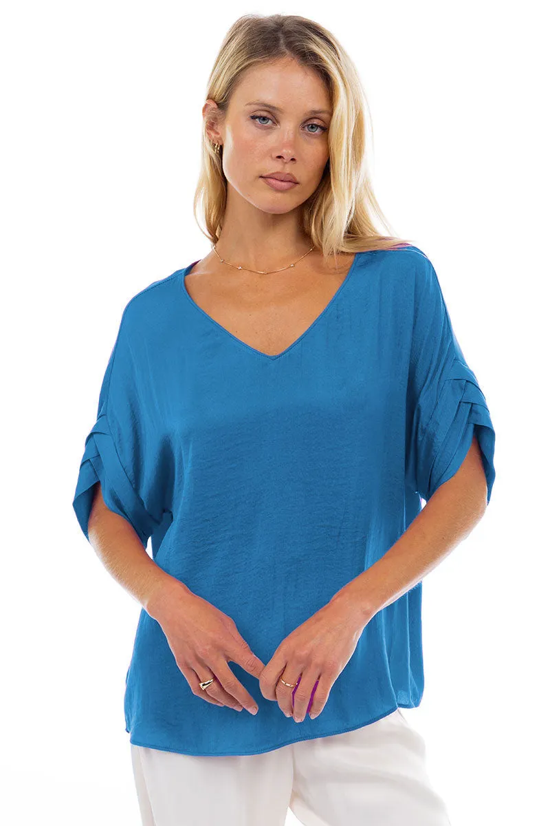 V-Neck Satin Top With Self Bands Sleeve Detail