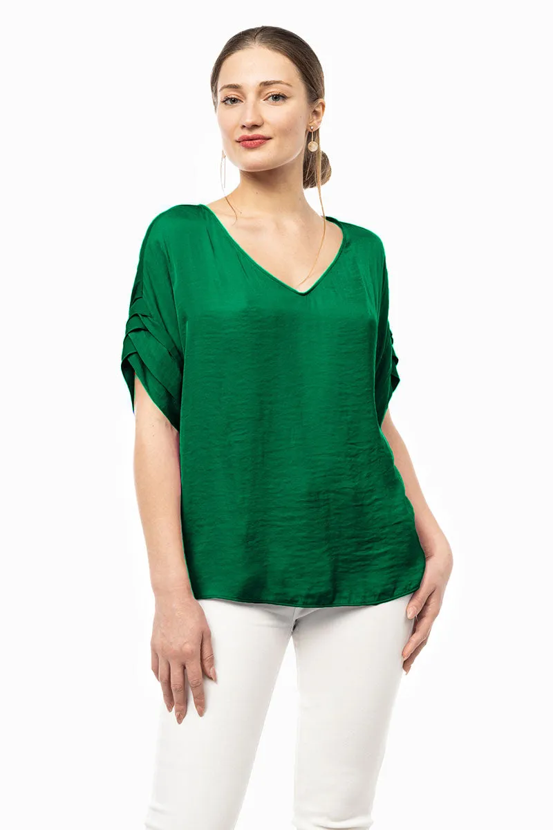 V-Neck Satin Top With Self Bands Sleeve Detail