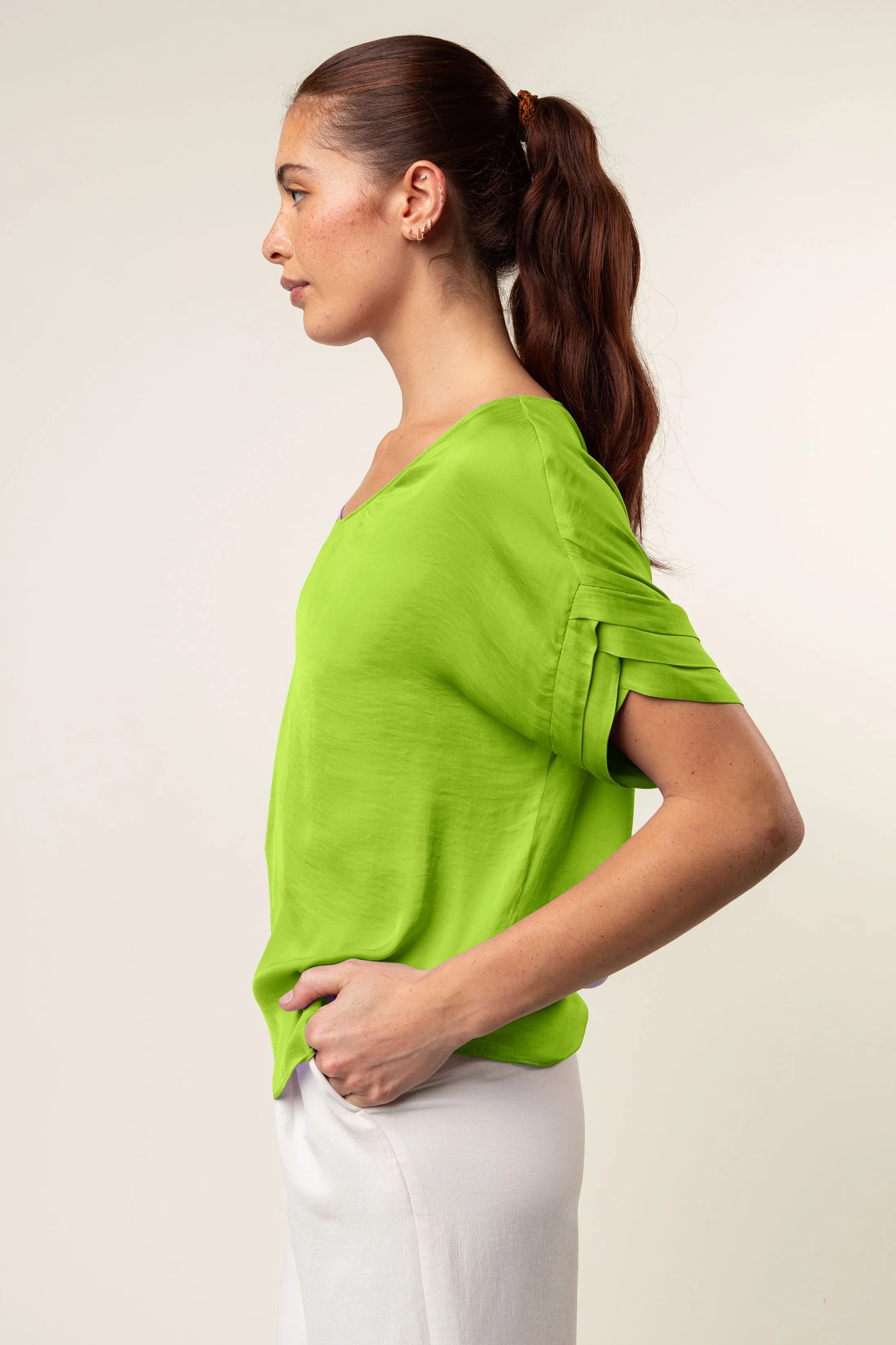 V-Neck Satin Top With Self Bands Sleeve Detail